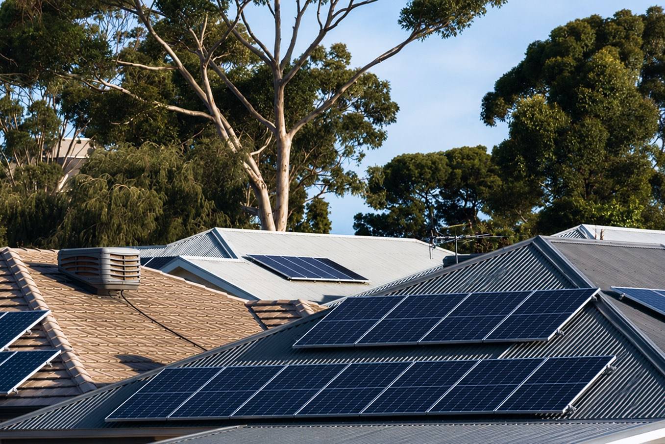 Australian suburban rooftops fitted with solar panels at different tilts and orientations, framed by gum trees under a clear blue sky