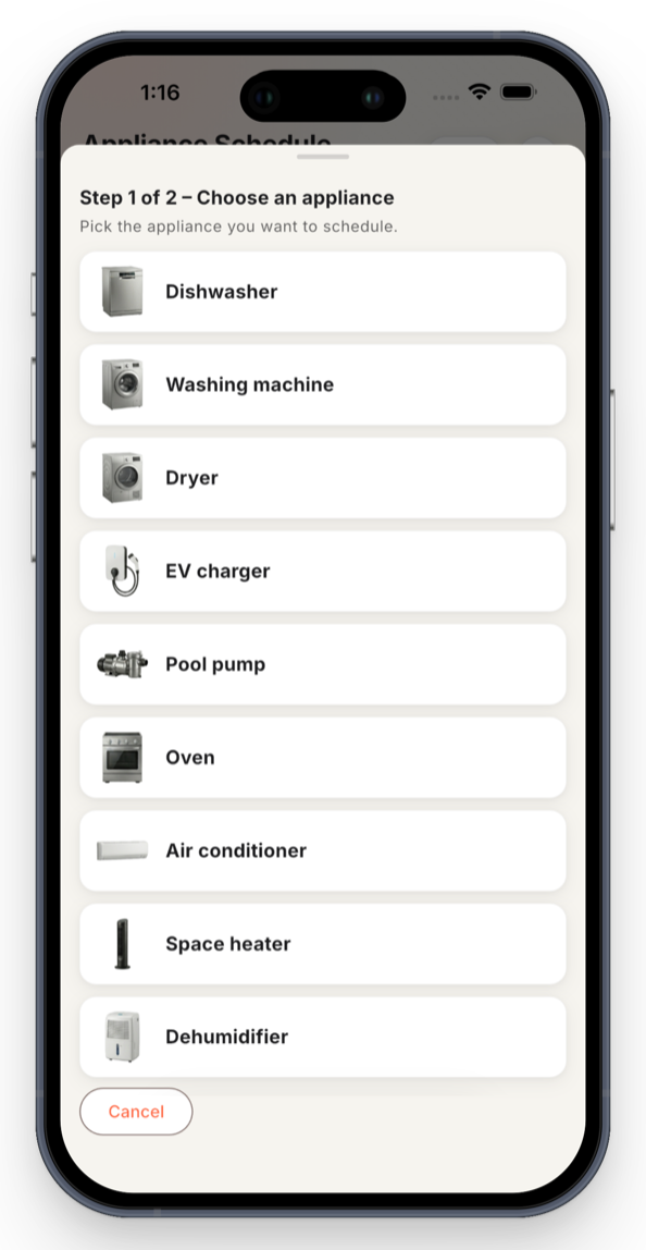OnSun appliances screen showing configurable profiles for household devices