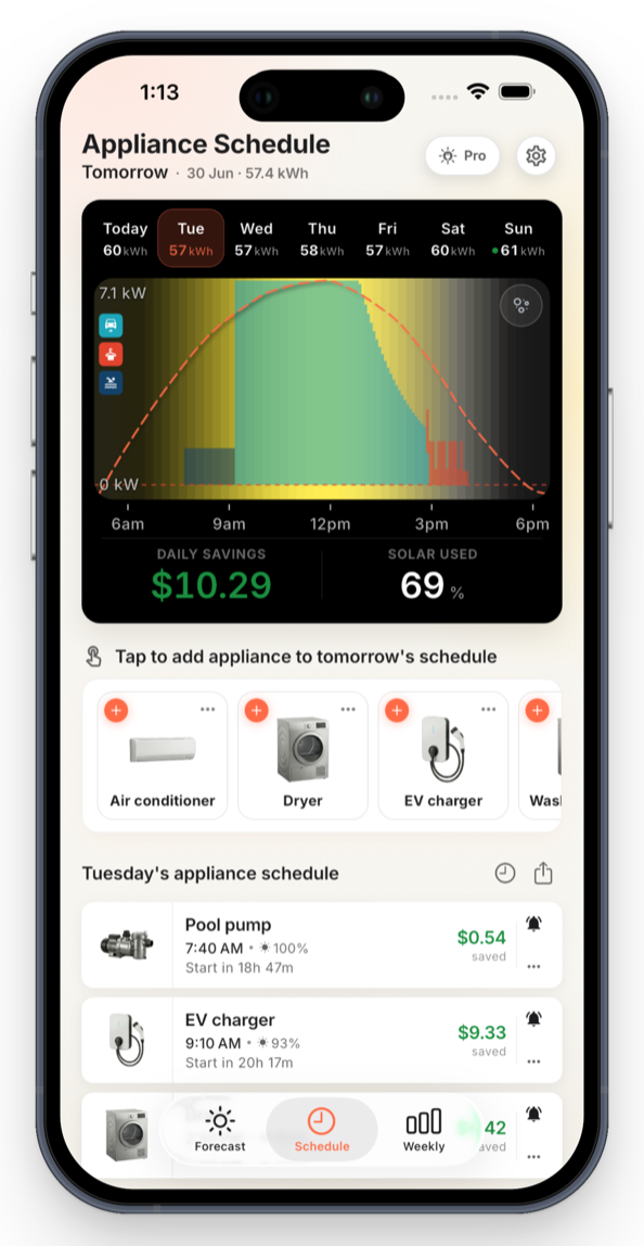 OnSun schedule screen with appliances arranged across the day's solar window